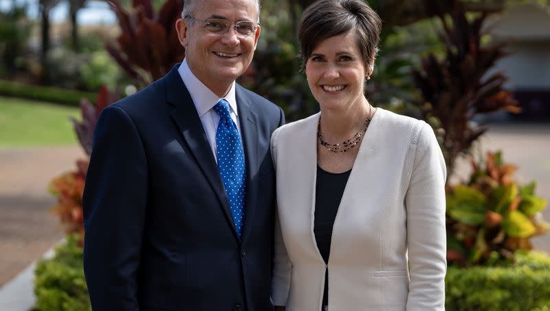 A day after his call as an apostle, Elder Patrick Kearon and Sister Jennifer Kearon pose for a photo in Laie, Hawaii, on Friday, Dec. 8, 2023. The calling of Elder Kearon, who spoke at BYU-Hawaii’s fall commencement on Friday, made the quorum as international as it’s ever been in its 185-year history.