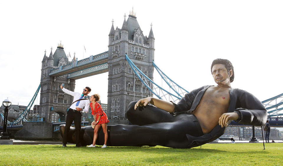 NOW TV recreates Jurassic Park’s most famous meme with a 25ft statue of Jeff Goldblum’s torso in front of Tower Bridge to mark 25 years since it hit the big screen (NOW TV)