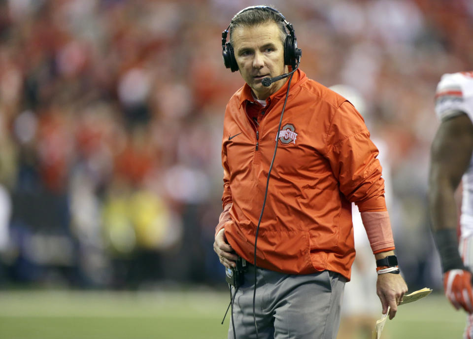 Ohio State head coach Urban Meyer watches from the sidelines during the second half of the Big Ten championship. (AP)