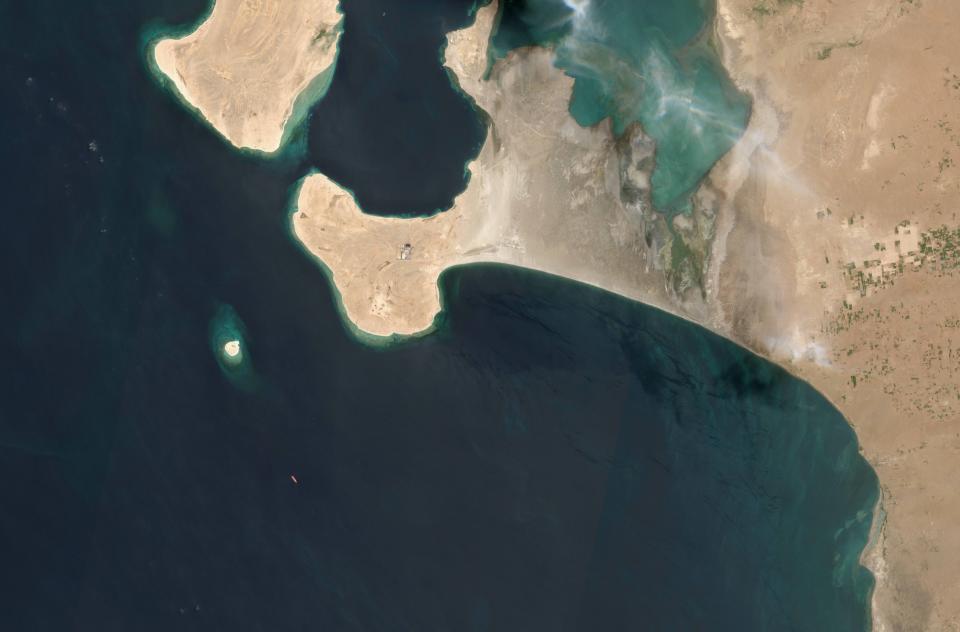 This satellite image provided by Manar Technologies taken June 14, 2020, shows the FSO Safer tanker moored off Ras Issa port, in Yemen. Houthi rebels are blocking the United Nations from inspecting an abandoned oil tanker moored off the coast of Yemen loaded with more than one million barrels of crude oil. UN officials and experts fear the tanker could explode or leak, causing massive environmental damage to Red Sea marine life. (Maxar Technologies via AP)