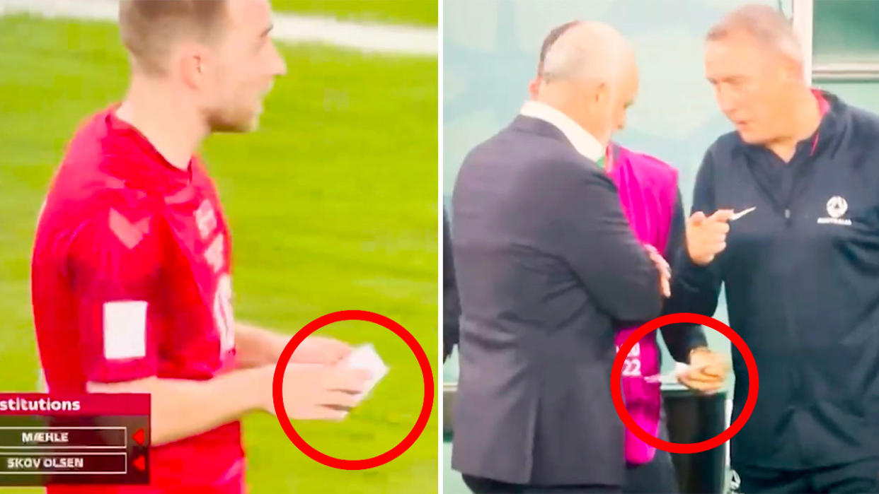 The Socceroos coaching staff appeared to end up with a note that was passed to Denmark captain Christian Eriksen during the World Cup clash. Pic: Twitter