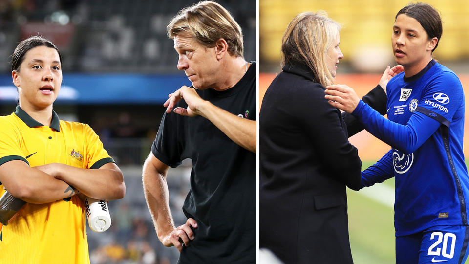 Emma Hayes alongside Sam Kerr and Tony Gustavsson.