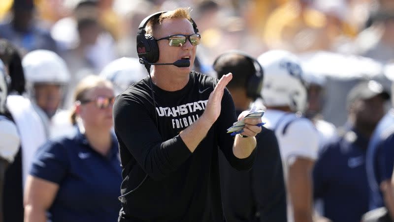 Utah State coach Blake Anderson watches from the sideline during a game against Iowa, Saturday, Sept. 2, 2023, in Iowa City, Iowa. Anderson and the Aggies won’t sleep on this week’s opponent, Idaho State, which gave San Diego State all it could handle last week.