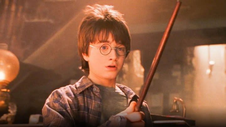 Harry holding his wand for the first time in Harry Potter and the Sorcerers Stone.