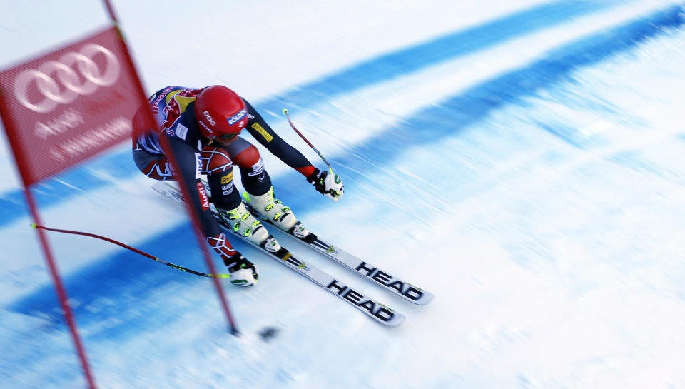 Bode Miller of United States competes during an alpine ski men's World Cup downhill training, in Kitzbuehel, Austria, Thursday, Jan. 23, 2014. (AP Photo/Shinichiro Tanaka)