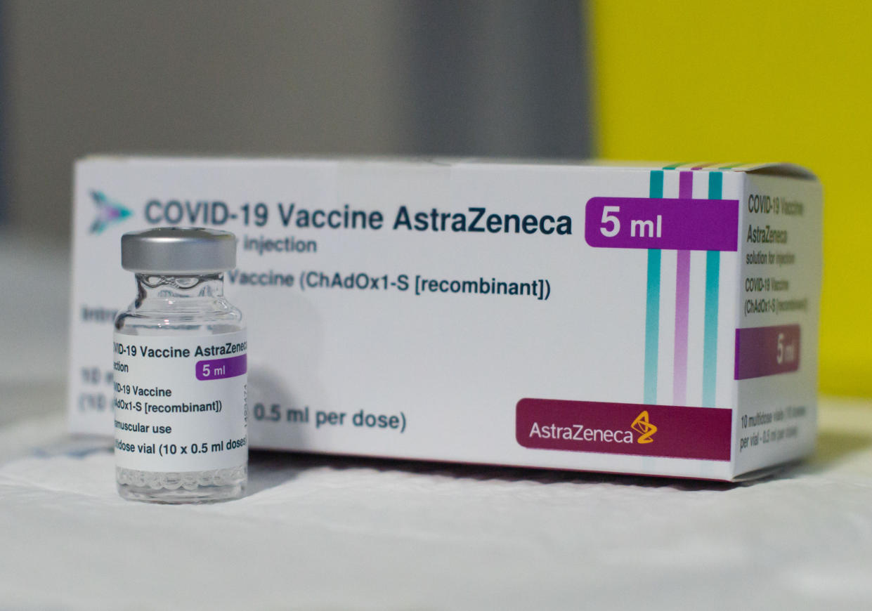  AstraZeneca COVID19 vaccine Vial seen in front of its packaging box during the vaccination exercise of frontline workers at Coria City Hospital.
Some European countries have cancelled the administration of AstraZeneca vaccine due the appearance of some side effects in people who had received it recently. (Photo by Gustavo Valiente / SOPA Images/Sipa USA) 