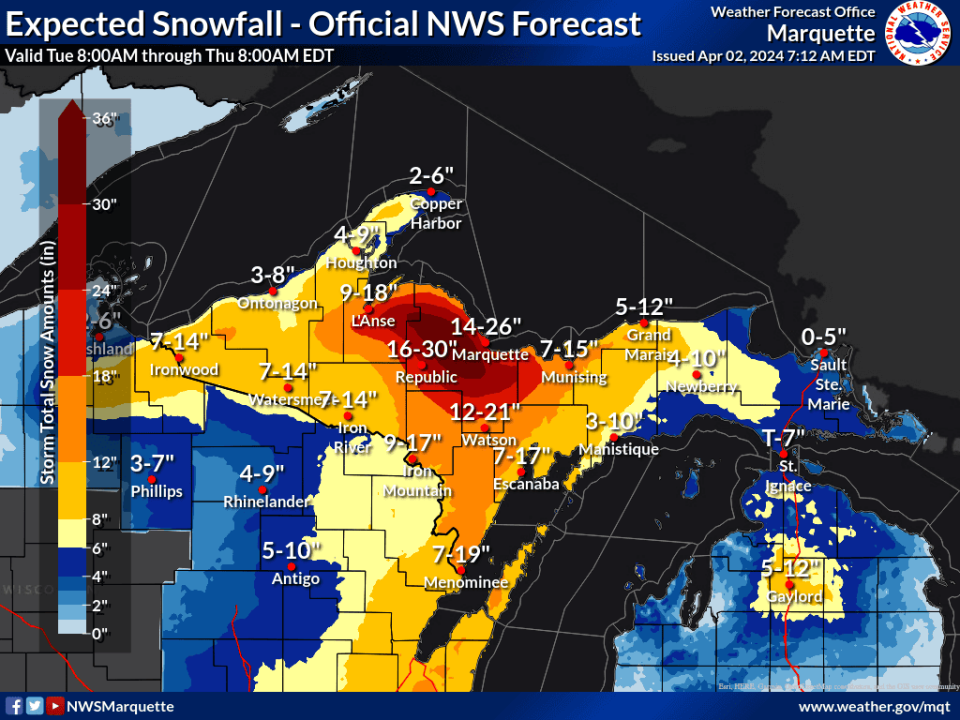 The snowfall forecast from April 2 to April 4 from the Marquette, Michigan, office of the National Weather Service.