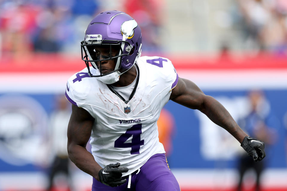 EAST RUTHERFORD, NEW JERSEY - SEPTEMBER 08: Brandon Powell #4 of the Minnesota Vikings in action against the New York Giants at MetLife Stadium on September 08, 2024 in East Rutherford, New Jersey. (Photo by Luke Hales/Getty Images)