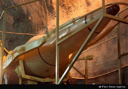 A missile is seen inside an underground missile base for Iran's Islamic Revolutionary Guards Corps (IRGC) Aerospace Force at an undisclosed location in this undated handout photo courtesy of Fars News. REUTERS/farsnews.com/Handout via Reuters