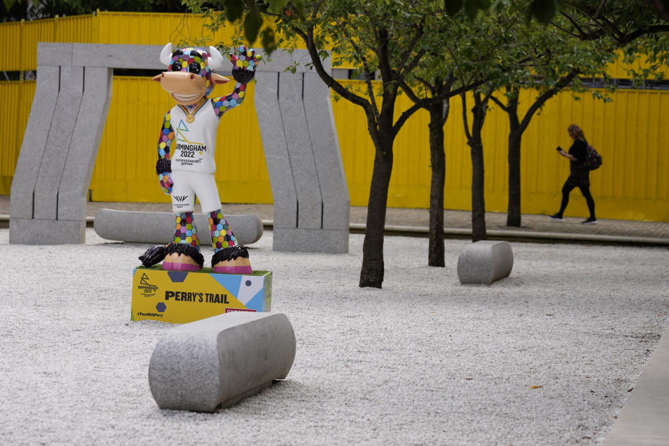 The Commonwealth Games mascot, Perry the Bull, is displayed in Birmingham, England, Tuesday, July 26, 2022. (AP Photo/Aijaz Rahi)