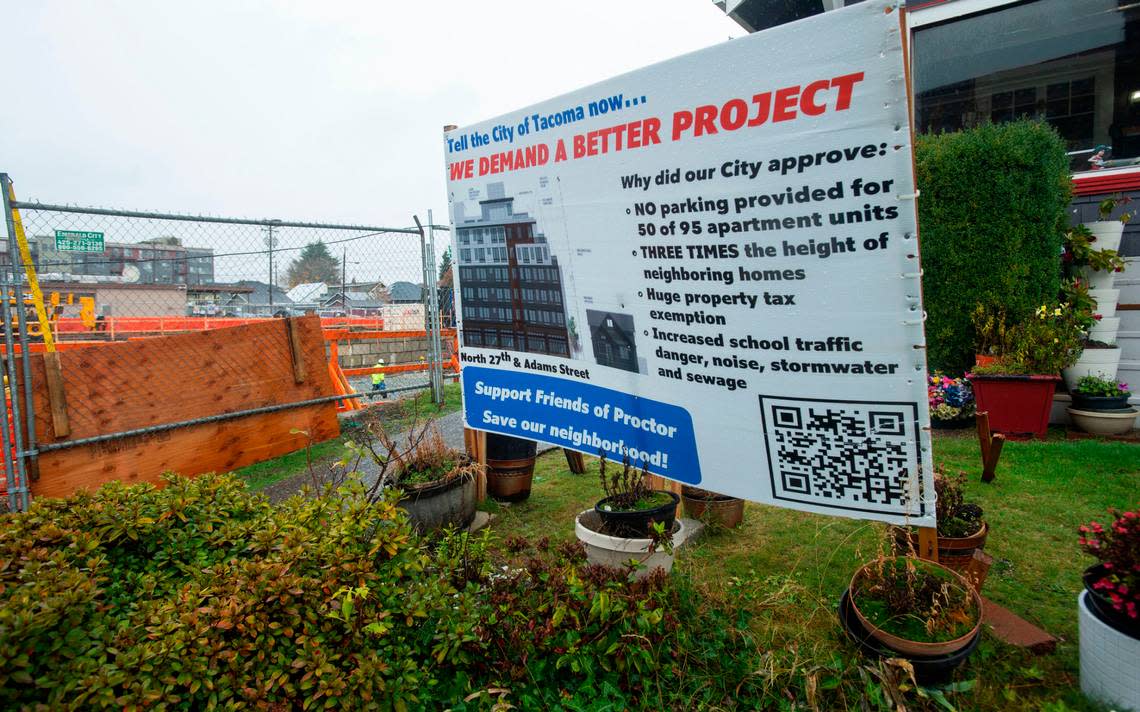 A sign outside a home adjacent to the Proctor III construction site reflects the previous battle with developers over the project. Photo taken Thursday, Oct. 28, 2021.