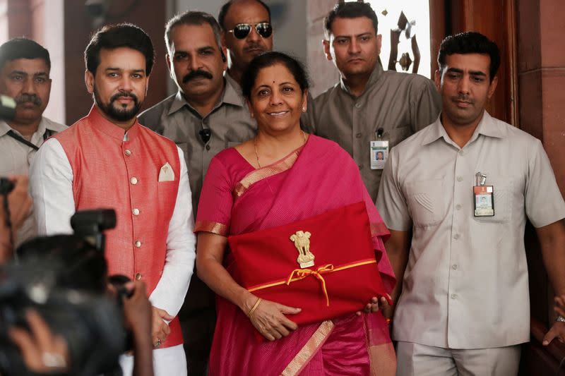 India's Finance Minister Nirmala Sitharaman arrives to present the 2019 budget in Parliament, New Delhi, India