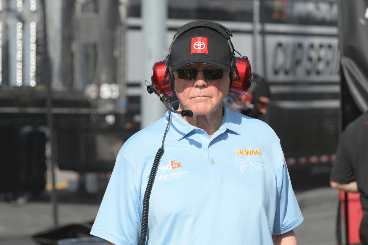 DARLINGTON, SC - MAY 14: Joe Gibbs looks on during the running of the NASCAR Cup Series Goodyear 400 on May 14, 2023, at Darlington Raceway in Darlington, SC. (Photo by Jeffrey Vest/Icon Sportswire via Getty Images)