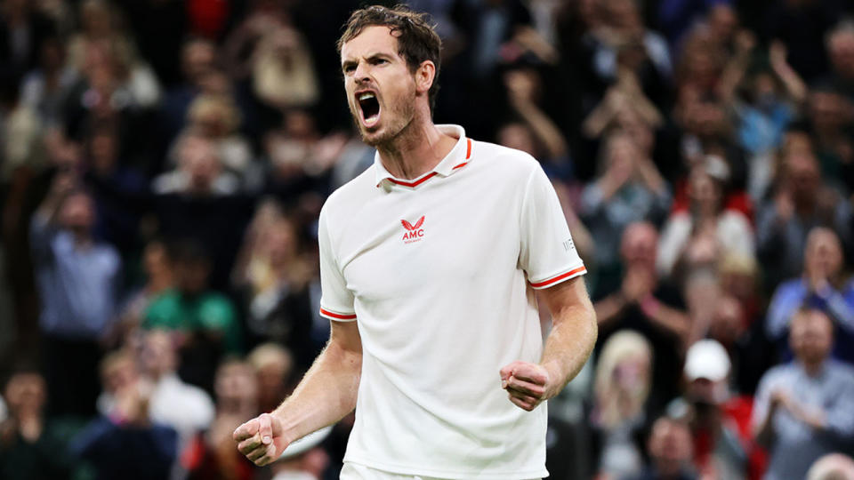 Andy Murray, pictured here roaring with delight after beating Nikoloz Basilashvili at Wimbledon.
