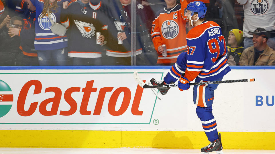 Edmonton Oilers captain Connor McDavid (97) celebrates after scoring his 300th career goal during the third period against the Los Angeles Kings at Rogers Place. (Perry Nelson-USA TODAY Sports)