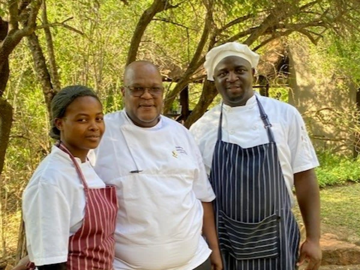 Group executive chef Wilfred Mtshali (centre) with Dzunisani Lubisi, trainee chef (left) and Freedom Masinga, former trainee chef and chef de partie at Little Bush Camp (David Cohen)