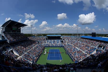 Aug 18, 2018; Mason, OH, USA; A view of Center Court as Marin Cilic (CRO) plays against Novak Djokovic (SRB) in the Western and Southern tennis open at Lindner Family Tennis Center. Mandatory Credit: Aaron Doster-USA TODAY Sports