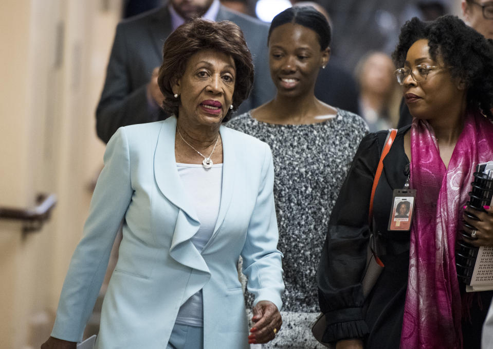UNITED STATES - MAY 22: House Fincancial Services chairwoman Maxine Waters, D-Calif., arrives for the House Democrats caucus meeting on impeachment on Wednesday, May 22, 2019. (Photo By Bill Clark/CQ Roll Call)