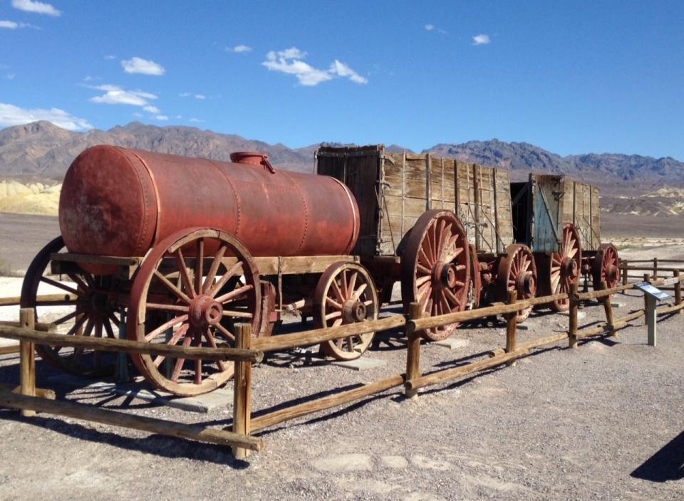 Harmony Borax Works water tanker and borax wagons in Death Valley.