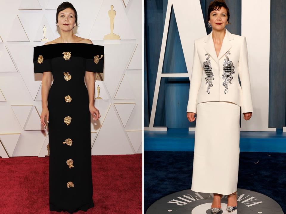 Maggie Gyllenhaal at the 2022 Oscars (left) and the actress at the after party (right).
