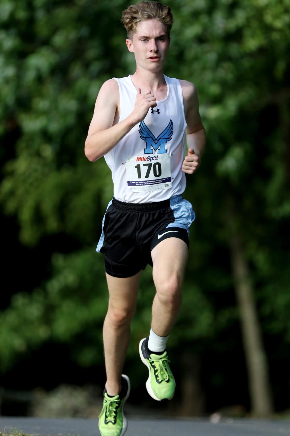 Brayden Lowe-Massi , of Mahwah, heads to a seventh place finish in 18:17, at the  Big North - Patriot Batch Meet, at Darlington County Park, in Mahwah. Monday September 27, 2021