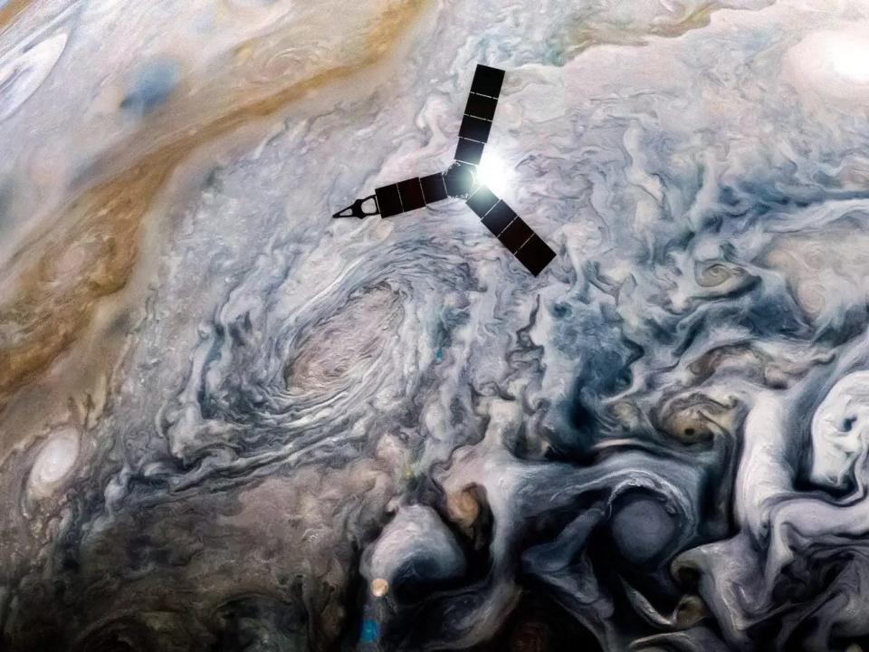 Eine Illustration der Nasa-Raumsonde Juno, die über den Wolken des Jupiters fliegt. - Copyright: Nasa/JPL-Caltech/SwRI/MSSS/Kevin Gill