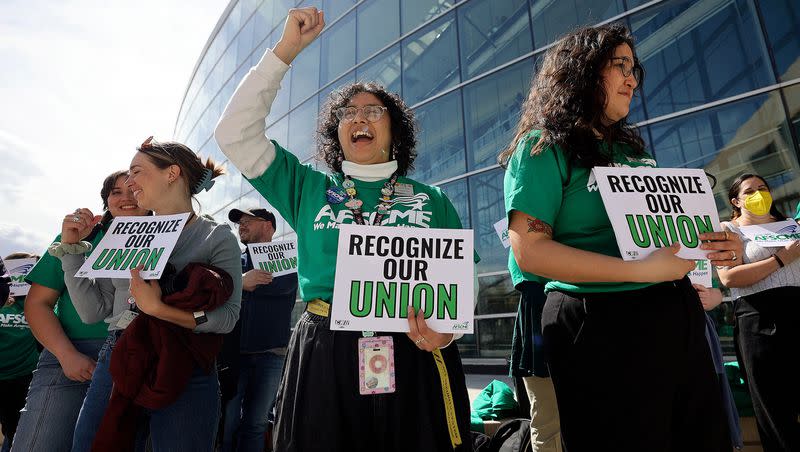 Melanie Rodriguez, library assistant at the Marmalade branch, chants during a rally with other Salt Lake City Public Library workers after announcing their intent to unionize at the Salt Lake City Library in Salt Lake City on Monday.