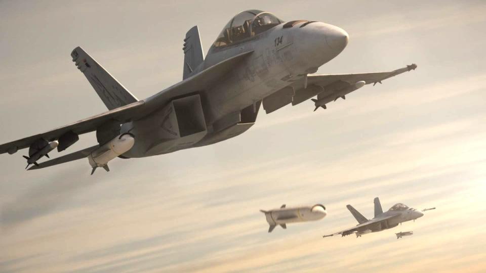 An artist's conception of a F/A-18F Super Hornets releasing hypersonic missiles. <em>Boeing</em> <em>via Aviation Week</em>