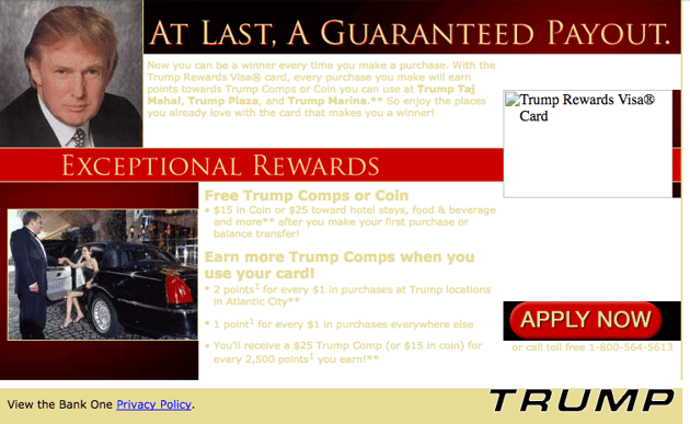 A June 2004 screen capture from a credit card offer on DonaldTrump.com. (<a href="https://web.archive.org/web/20040618042520/http://www.trump.com/" rel="nofollow noopener" target="_blank" data-ylk="slk:Internet Archive;elm:context_link;itc:0;sec:content-canvas" class="link ">Internet Archive</a>)