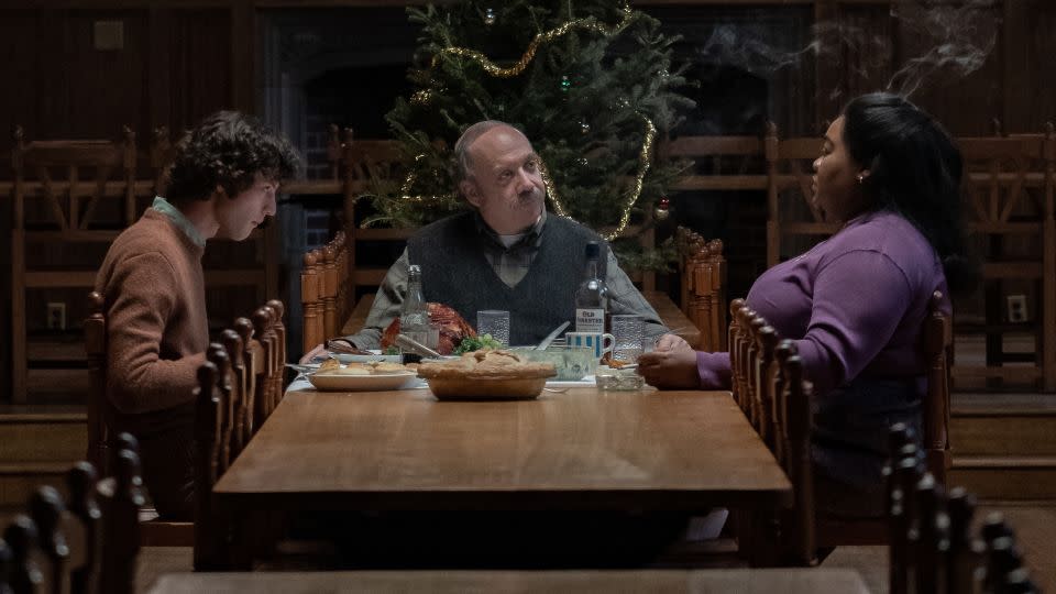 (From left) Dominic Sessa, Paul Giamatti and Da'Vine Joy Randolph in 'The Holdovers.' - Seacia Pavao/Focus Features