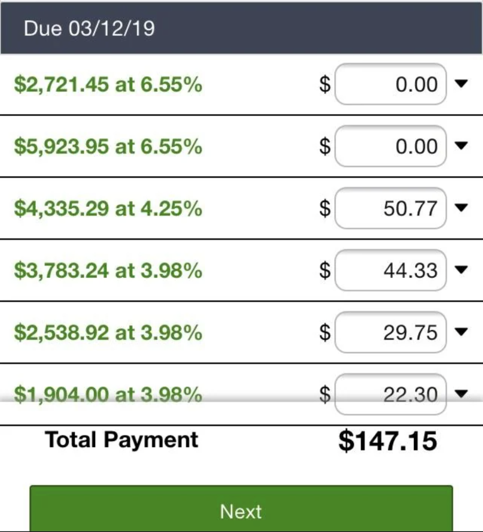 Online bill payment screen showing several balances with dates, amounts, due amount, interest rates, and a total payment due of $147.15