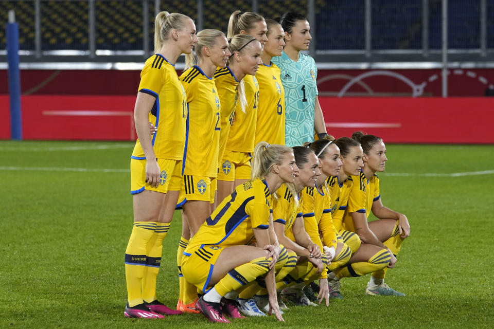 FILE - Sweden's players pose for a team photo ahead of the women's international soccer friendly match between Germany and Sweden in Duisburg, Germany, Tuesday, Feb. 21, 2023. (AP Photo/Martin Meissner, File)