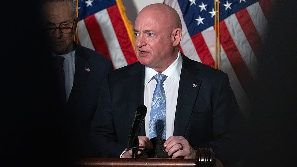 Senator Mark Kelly (D-AZ) speaks to the press during a post-luncheon conference at the U.S. Capitol in Washington, D.C. on Tuesday, February 8, 2022. 