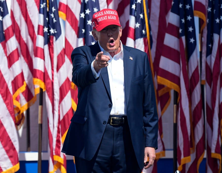 Republican presidential candidate former President Donald Trump arrives at a campaign rally in Chesapeake, Va., Friday June 28, 2024. (AP Photo/Steve Helber)