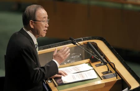 United Nations Secretary-General Ban Ki-moon delivers his opening remarks at the Paris Agreement signing ceremony on climate change at the United Nations Headquarters in Manhattan, New York, U.S., April 22, 2016. REUTERS/Brendan McDermid