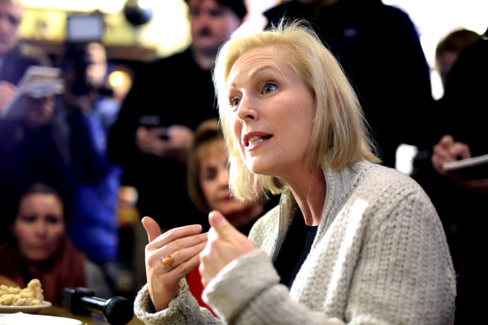 In this Jan. 18, 2019, photo, Sen. Kirsten Gillibrand, D-N.Y., meets with residents at the Pierce Street Coffee Works cafe, in Sioux City, Iowa. The 2020 presidential election already includes more than a half-dozen Democrats whose identities reflect the nation’s growing diversity, as well as embody the coalition that helped Barack Obama first seize the White House in 2008 (AP Photo/Nati Harnik)