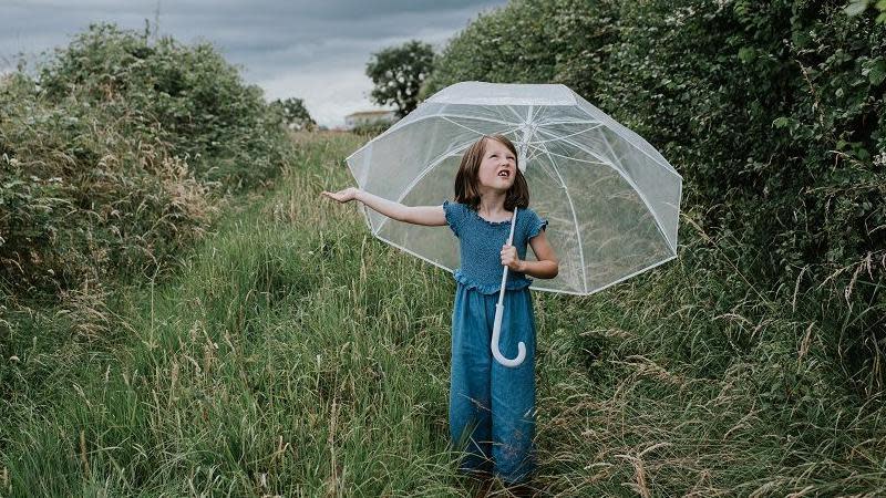 Red-haired girl in blue denim holding a white umbrella with her arm out to check for rain and a questioning look on her face 