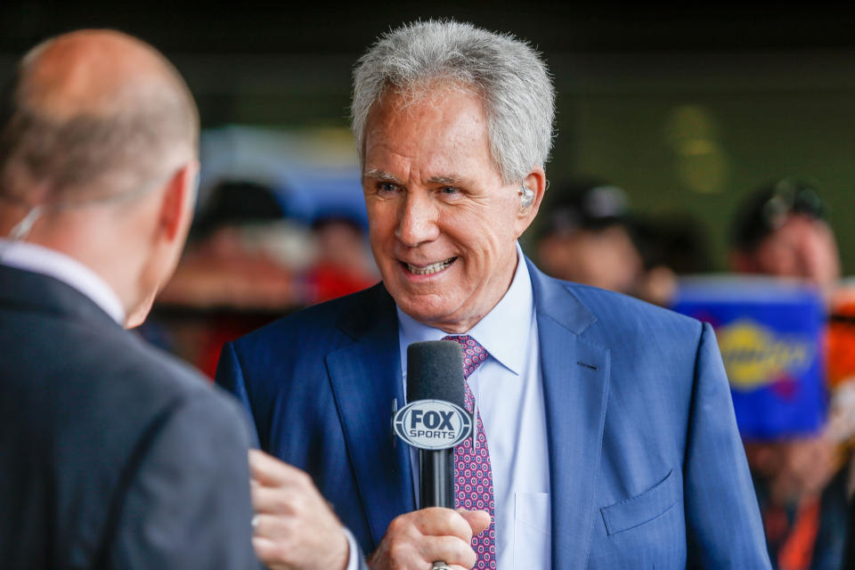 BROOKLYN, MI - JUNE 09: FOX Sports announcer Darrell Waltrip chats with Adam Alexander prior to the start of the Monster Energy NASCAR Cup Series - FireKeepers Casino 400 on June 9, 2019 at Michigan International Speedway in Brooklyn, MI. (Photo by Lawrence Iles/Icon Sportswire via Getty Images)