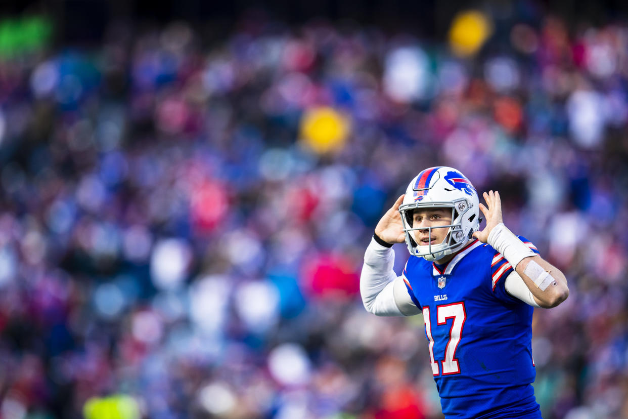 ORCHARD PARK, NY - DECEMBER 30:  Josh Allen #17 of the Buffalo Bills gestures to the cheering crowd during the fourth quarter against the Miami Dolphins at New Era Field on December 30, 2018 in Orchard Park, New York. Buffalo defeats Miami 42-17. (Photo by Brett Carlsen/Getty Images)