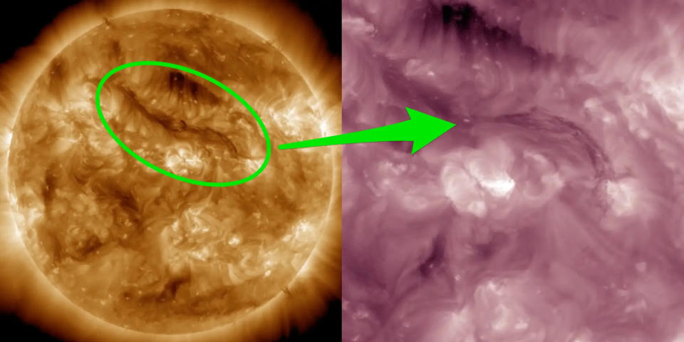 Dieses Filament bildete sich auf der Sonne, brach dann aus und schleuderte Sonnenmaterial mit hoher Geschwindigkeit auf die Erde zu.  - Copyright: NASA Solar Dynamics Observatory