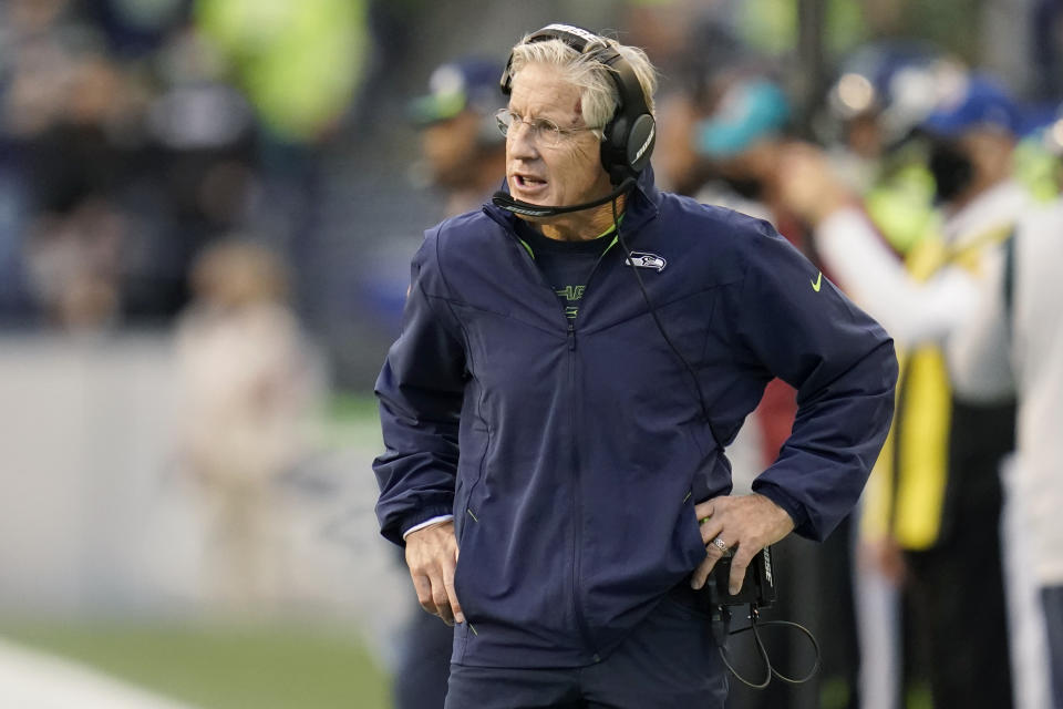 Seattle Seahawks head coach Pete Carroll reacts on the sideline during the first half of an NFL football game against the Los Angeles Rams, Thursday, Oct. 7, 2021, in Seattle. (AP Photo/Elaine Thompson)