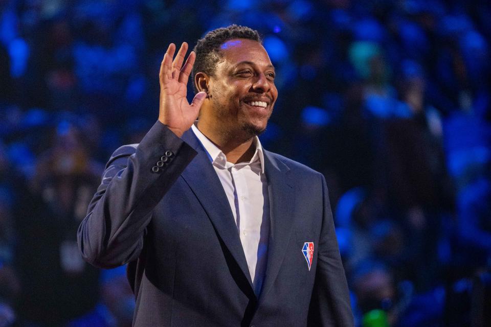 Paul Pierce is honored for being selected to the NBA 75th Anniversary Team during halftime in the 2022 NBA All-Star Game.