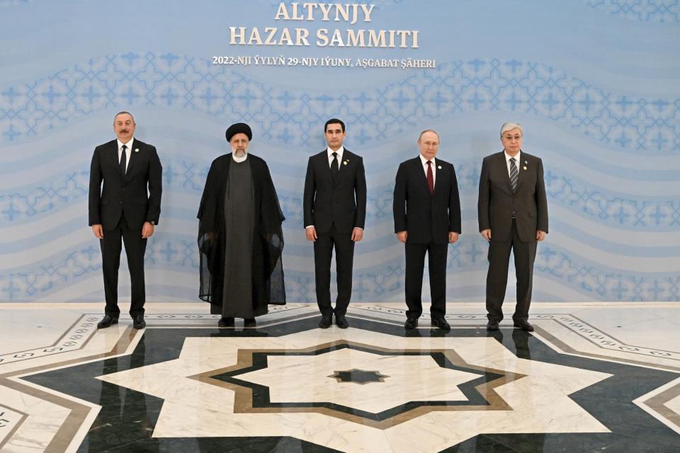 FILE - From the left: Azerbaijan's President Ilham Aliyev, Iran's President Ebrahim Raisi, Turkmenistan's President Serdar Berdymukhamedov, Russian President Vladimir Putin and Kazakhstan's President Kassym-Jomart Tokayev pose for a photo on the sideline of the summit of Caspian Sea littoral states in Ashgabat, Turkmenistan, Wednesday, June 29, 2022. It has not been an easy week for Russian President Vladimir Putin. He took his first foreign trip since the invasion of Ukraine to shore up relations with troublesome Central Asian allies. (Grigory Sysoyev, Sputnik, Kremlin Pool Photo via AP, File)