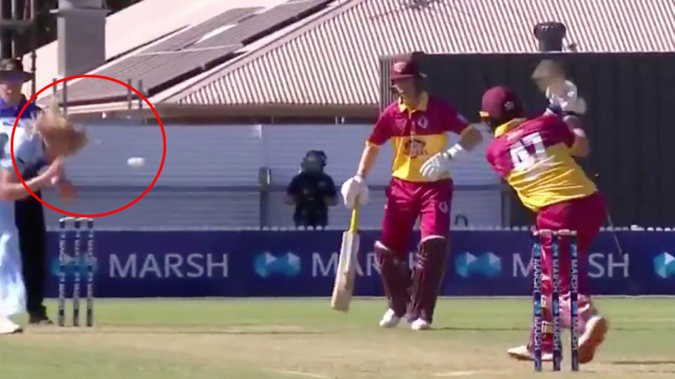 The NSW seamer survived a scare when he got his hand in the way of a ball rocketing back towards his head. (Image: Fox Sports)