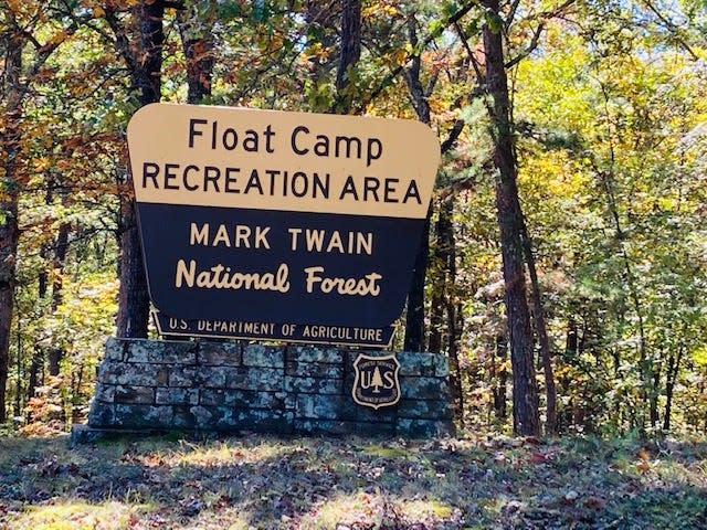 A sign marking the Float Camp Recreation area in the Mark Twain National Forest in Missouri.