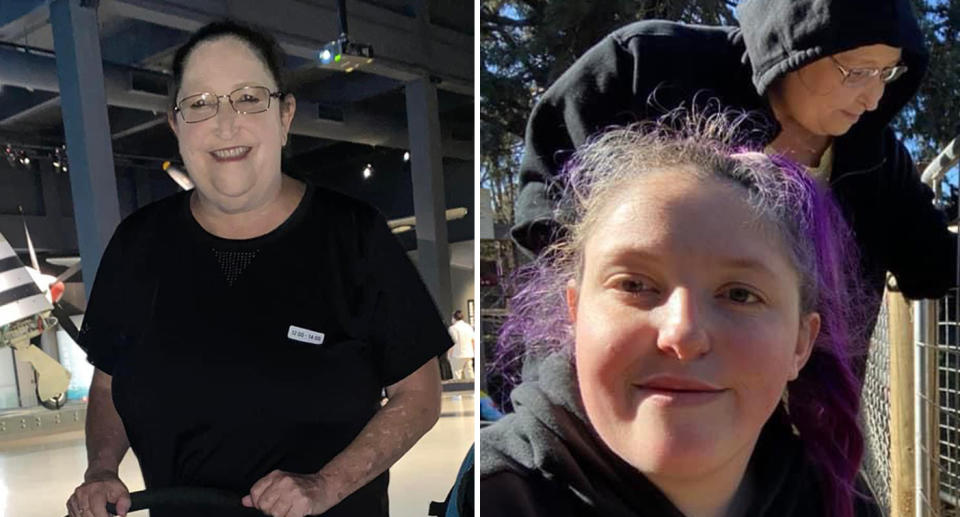 Left, Kathleen can be seen smiling at the camera wearing a black t-shirt and glasses. Right, Cheyenne is smiling a the camera, with her purple hair pulled back, with her mum spotted in the background. 