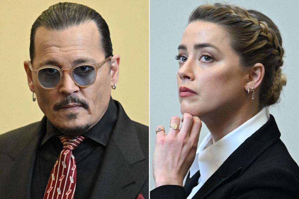 US actor Johnny Depp looks on in the courtroom at the Fairfax County Circuit Court in Fairfax, Virginia, on May 3, 2022. - US actor Johnny Depp sued his ex-wife Amber Heard for libel in Fairfax County Circuit Court after she wrote an op-ed piece in The Washington Post in 2018 referring to herself as a "public figure representing domestic abuse." US actress Amber Heard looks on during a hearing at the Fairfax County Circuit Courthouse in Fairfax, Virginia, on May 3, 2022. - US actor Johnny Depp sued his ex-wife Amber Heard for libel in Fairfax County Circuit Court after she wrote an op-ed piece in The Washington Post in 2018 referring to herself as a "public figure representing domestic abuse."