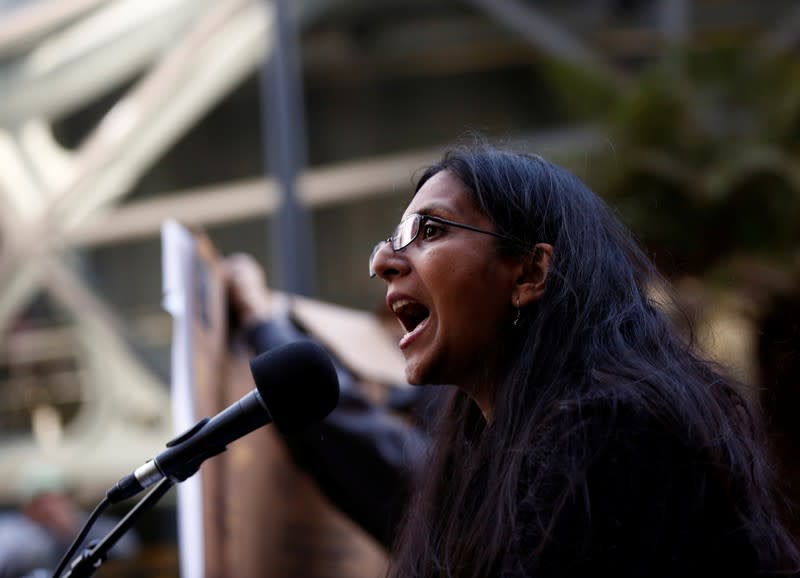 FILE PHOTO: Councilmember Sawant speaks in front of Amazon Spheres during protest to demand the city of Seattle tax the largest corporations to build affordable housing in Seattle