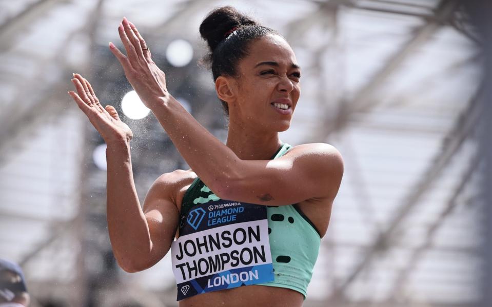 Katarina Johnson-Thompson cheers the crowd during the long jump during the Diamond League meeting at the London Stadium on Sunday, July 23, 2023