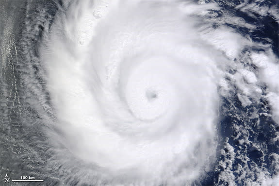 Hurricane Emilia swirled over the Eastern Pacific Ocean soon after forming in early July 2012, as seen by NASA’s Terra satellite.